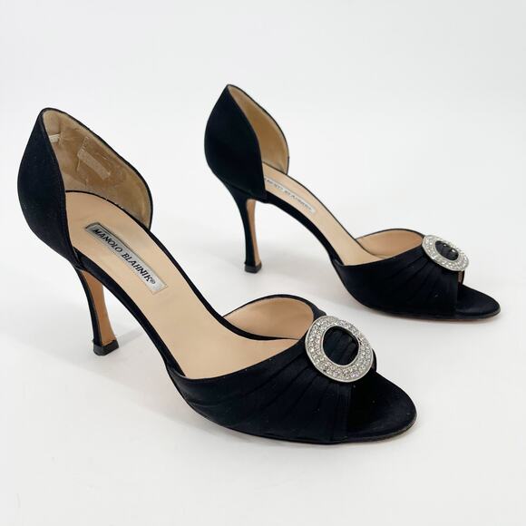 Manolo Blahnik Black Satin Sedaraby Crystal Detail D'Orsay Peep Toe Heels IT 40 - Picture 1 of 12